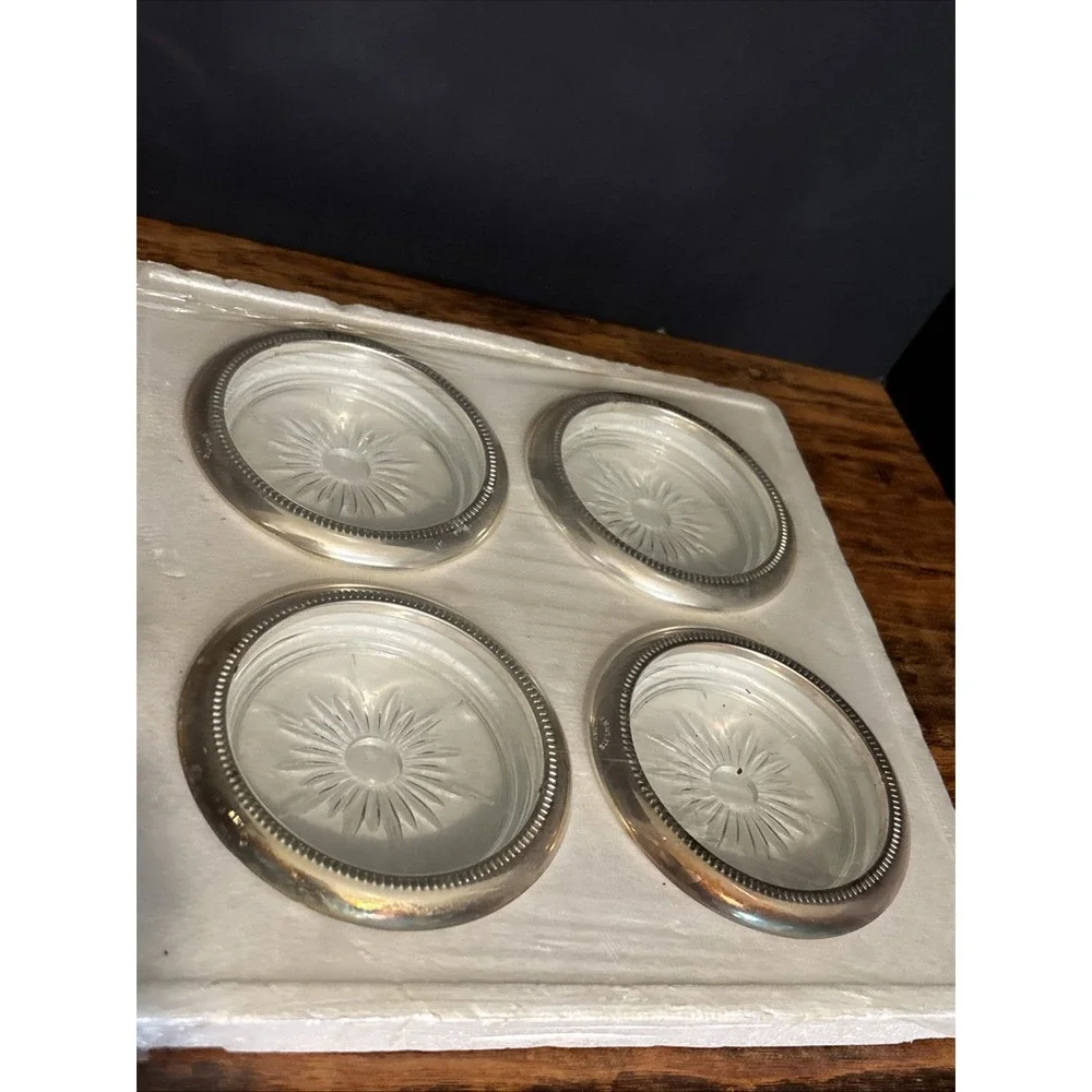 4‎ New Glass Silver Plate Coasters Mid Century Modern MCM Vintage NOS Italy